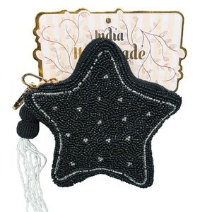 India Handmade Glass Bead Star Coin Purse Keychain Black Silver Tassel‎ NWT